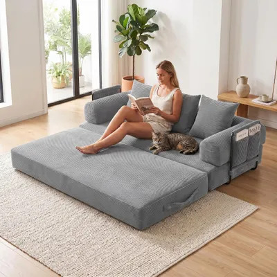 Produktbild von LVHOM Klappbares Schlafsofa aus Cordstoff, Modulares Tagesbett mit Metallgestell, Klappsofa Bodensofa mit Stauraum, 300kg Belastbarkeit, Hellgrau