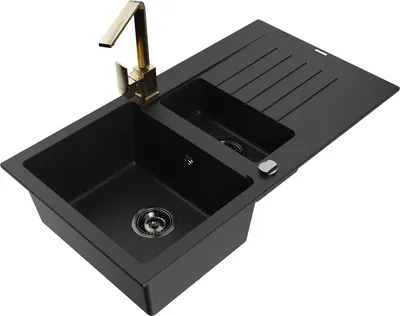 Produktbild von Mexen Matias 1,5-Becken-Granitspüle mit Abtropffläche und Mischbatterie Rita, Schwarz - 6502-77-670300-50-B