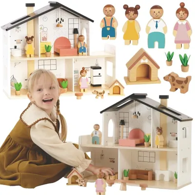 Produktbild von Tooky Toy Holzpuppenhaus mit Zubehör und Familie, 20-teilig