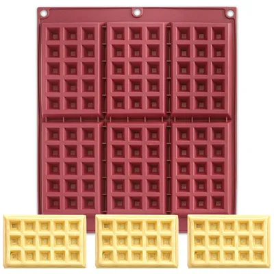 Immagine prodotto di Stampo in silicone per waffle, adatto per 6 waffle belghe, antiaderente, utilizzabile in forno e friggitrice ad aria, dimensioni 30 x 25 cm, colore rosso