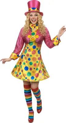 A woman wearing a clown costume.