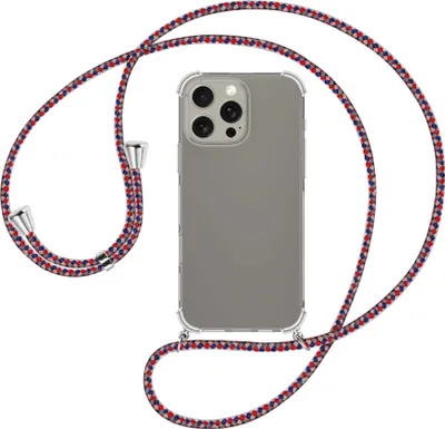 Produktbild von Handykette Backcover-Schutzhülle mit Band (Metall silberfarben) für iPhone 16 Pro Max - silber/blau/rot