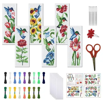 Immagine prodotto di Set di 6 segnalibri da cucito a punto croce, motivo colibrì, già stampati, dimensioni 20x6 cm, kit per principianti