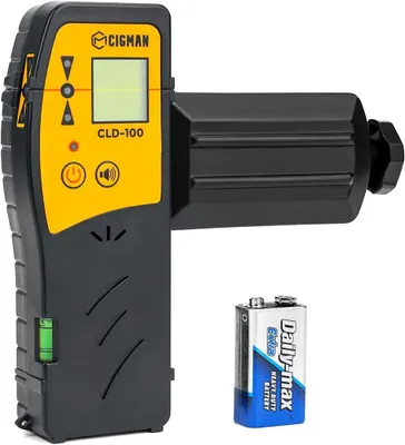 A CIGMAN CLD-100 laser receiver and a 9V battery are shown against a white background.