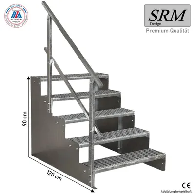 Produktbild von 5 Stufen Standtreppe Modell 2 verzinkt Tritthöhe 18 cm, Breite 90 cm, Höhe 90 cm 1x Geländer