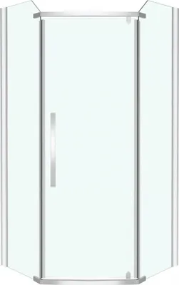 A front view of a clear glass shower enclosure with silver metal framing.