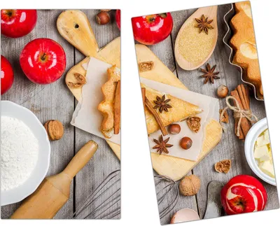 Produktbild von Spritzschutz Herdabdeckplatte Schneidebrett aus Glas Zutaten für Apfelkuchen 2-Teilig (60x52cm)