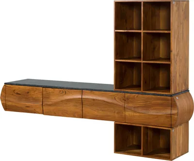 Image de MASSIVMOEBEL24 | Ensemble de meubles de salon  en bois d'Acacia 204x40x145 naturel laqué/ marbre noir MONTREAL