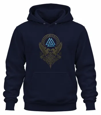 Imagen del producto de Sudadera con capucha uni, diseño "Wotansknoten" con runas, cuervos y motivos de nudos celtas, color azul marino, talla 3XL