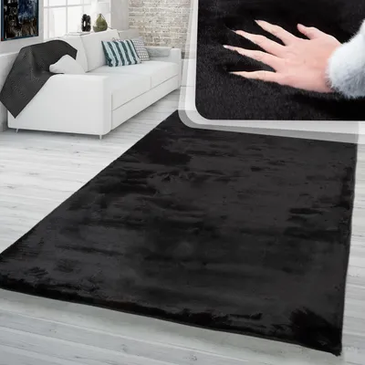 Produktbild von TT Home Hochflor Teppich Schlafzimmer Shaggy Kunstfell Flauschig Kaninchenfell Imitat In Schwarz Größe 80x150 cm