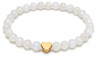 Produktbild von GD GOOD.designs Edelstein Mondstein Armband mit 18K vergoldetem Edelstahl Herz | Perlenarmband Damen mit echten 6 mm Naturstein Perlen | Wasserfest | elastisch 15–19 cm | inkl. Schmuckbeutel