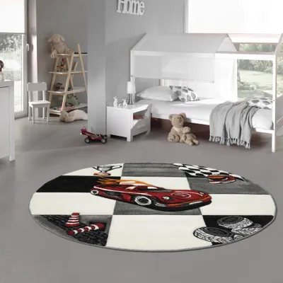 Produktbild von Kinderteppich Spielteppich Kinderzimmer Teppich Auto Design Rennauto mit Konturenschnitt Creme Grau Rot Orange Schwarz Größe - 120 cm Rund