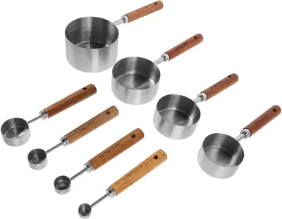 Produktbild von 8 Stück Küchenmessbecher und Löffelset aus Edelstahl mit Holzgriff für Präzise Messungen in Heimischen Küche Einfach zu Reinigen Silberfarben