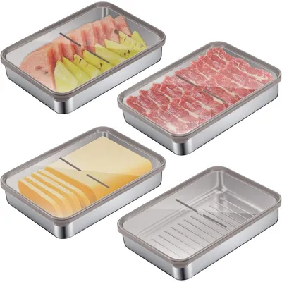 Produktbild von Lebensmittelbehälter 4-teilig aus Edelstahl mit Sichtdeckel stapelbar für Käse Fleischwaren und Gemüse