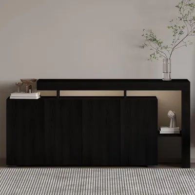 Produktbild von Skye Decor, Hochwertiger Konsolentisch, Schwarz Holz, 170 x 80 x 35 cm | 100% melaminbeschichtete Spanplatte, 18 mm dick | Mit LED-Lichtern, zahlreichen Regalen, wandmontierbar, modernes Design.