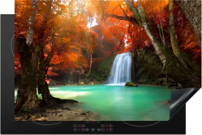 Produktbild von KitchenYeah© Herdabdeckplatte Herbst - Wasserfall - Wald , 81x52cm, Küche Deko, Glaskeramikkochfeld Herdabdeckung, Abdeckplatte fùr Kochfeld