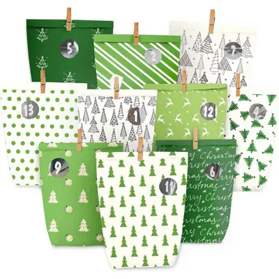 Productafbeelding van Adventskalender, adventszakjes, 24 cijferstickers, bedrukt, groen