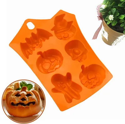 Imagen del producto de 2 moldes de silicona para hornear con temática de Halloween, con forma de calabaza, cráneo, murciélago y fantasma, ideales para hacer pasteles, cupcakes, chocolates y otros postres. Herramientas de repostería para manualidades de Halloween
