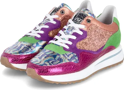 A pair of colorful sneakers on a white background.
