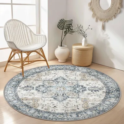 Zdjęcie produktu dla Vintage Okrągły Dywan 200 cm Niebieski z Wzorem Boho
