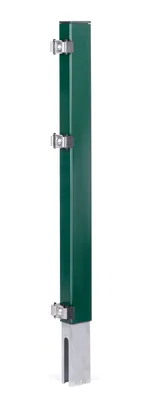 A green metal post with metal clips attached, designed for fence extension.