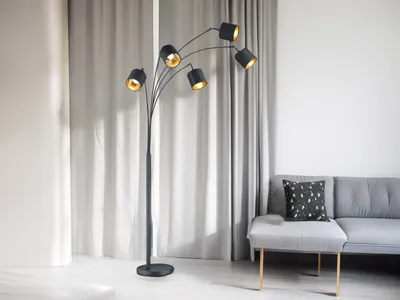 Produktbild von 200cm hohe LED Standleuchte 5 flammig mit STOFF Lampenschirm in schwarz/gold