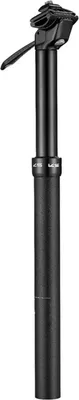 A black bicycle seat post with a saddle clamp at the top, presented against a white background.