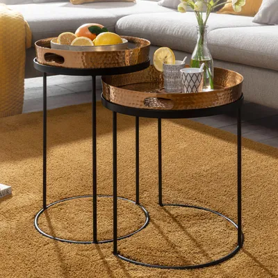 Produktbild von WOHNLING Beistelltisch 2er Set Gold / Schwarz Metall Hammerschlag Satztisch Rund Couchtisch abnehmbares Tablett Tabletttisch Sofa 2 teilig Modern