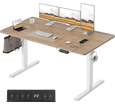 Immagine prodotto di Scrivania regolabile in altezza, dimensioni 140 x 70 cm, con porte USB-A e USB-C, finitura noce