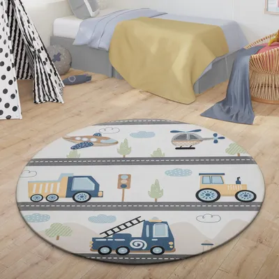 Produktbild von TT Home Teppich Kinder Kinderzimmerteppich Jungs Mädchen Kinderteppich Babymatte Straße Mit Autos Wolken Berge Größe 150 cm Rund