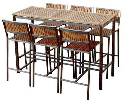 Produktbild von ALEOS. Bar Set - Edelstahl TEAK Bartisch Bistrotisch 160x60cm mit 6x Barhocker Modell: MEXIKO A-Grade Teakholz
