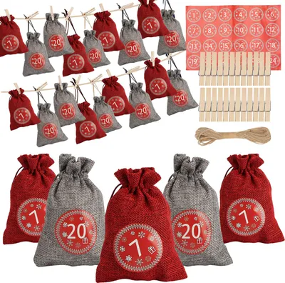Produktbild von Bettizia Adventskalender zum Befüllen 2025, 24 Stück Weihnachtskalender, Weihnachtsdeko Säckchen/Tüten, Säckchen DIY Weihnachtsdeko,Rot/Grau