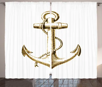 Produktbild von ABAKUHAUS Anker Rustikaler Gardine, Nautische Symbol Reise, Schlafzimmer Kräuselband Vorhang mit Schlaufen und Haken, 280 x 260 cm, Goldweiß