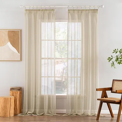 Productafbeelding van Beige Voile Gordijnen met Plooiband - Set van 2 - 140 x 260 cm - Ideaal voor Woonkamer en Slaapkamer