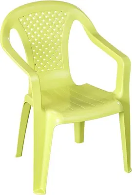 A single green plastic chair on a white background.