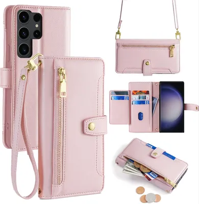 Produktbild von Handykette Samsung Hülle mit Band Handyhülle Kartenfächer Kunstleder Umhängetasche Galaxy S23 Ultra Rosa