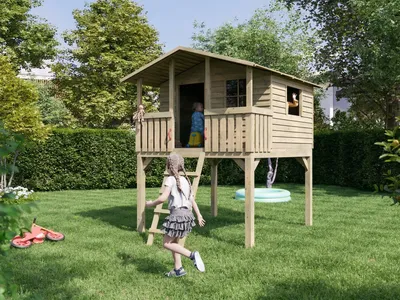 Produktbild von Belladoor Braun Grün Stelzenhaus SMART Leon, Kesseldruckimprägniertes Kiefernholz Stelzenhaus, Inklusive Podest Und Leiter, Vormontierte Wandelemente, Stabile Grundkonstruktion, Spielhaus Für Kinder