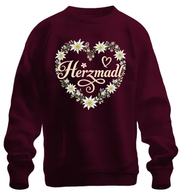 Obrázek produktu pro Herzmadl Edelweiss, květinový motiv, tradiční bavorské oblečení, "Wiesn", kožená sukně, mikina, svetr, vínová barva, velikost M