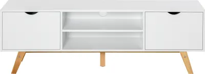 Produktbild von HOMCOM Modernes TV-Schrankmöbel für 65-Zoll-Fernseher, TV-Tisch für Wohnzimmer mit 2 Türen, 2 offenen Regalen und Holzbeinen, 110 x 39 x 50 cm, Weiß