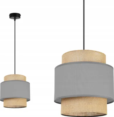 Produktbild von Boho Hängelampe - Deckenlampe - Pendelleuchte aus Metall mit Lampenschirm aus Stoff - E27 - 1-Flammig - Grau und Jute