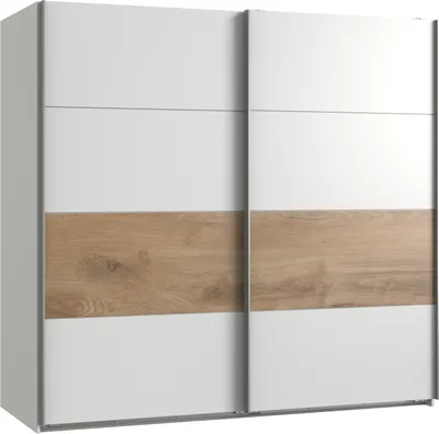 Produktbild von Schwebetürenschrank >Bert< 3 Stangen, 3 Böden, Weiß / Plankeneiche Nachbildung - 270x208x65cm (BxHxT)