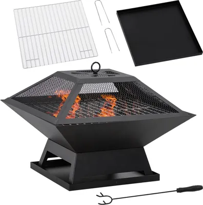Produktbild von Feuerschale Mit Grillrost Und Funkenschutz Garten Feuerkorb, Schürhaken, Stahl, Schwarz, 45X45X34Cm