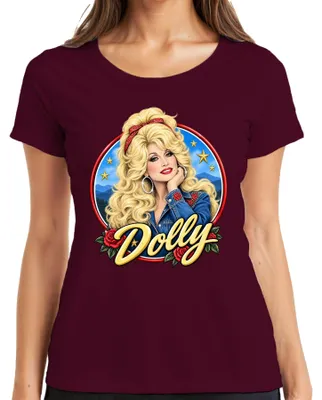 Obrázok produktu pre Dámske tričko s potlačou Dolly Parton, country speváčky, legenda, westernový štýl, farba: bordová, veľkosť: M