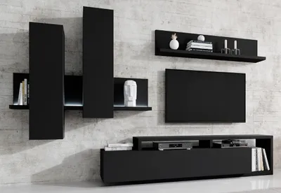 Produktbild von Wohnwand schwarz matt BEXLEY-83 inkl. LED Beleuchtung, B/H/T: ca. 300/200/45 cm