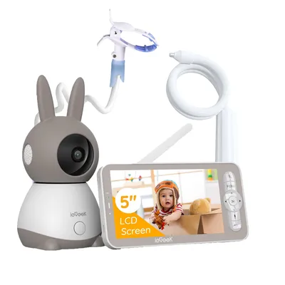 Obrázek produktu pro 2K dětská chůvička PTZ 355°, 5" dětská chůvička s automatickým sledováním, detekce zvuku pláče, měření teploty a vlhkosti, držák kamery, stojan na monitor