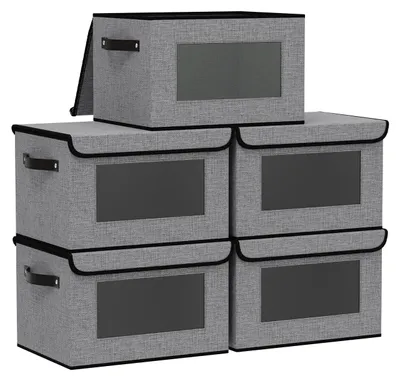 Productafbeelding van Opvouwbare opbergboxen met stoffen bekleding, deksel en kijkvenster, grijs, 26 × 20 × 17 cm