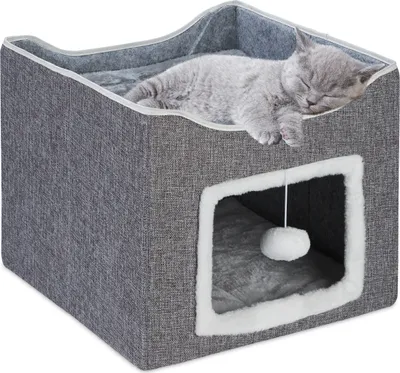 Produktbild von Relaxdays Katzenhöhle, HxBxT: 32 x 40 x 40 cm, Kratzfläche, Katzenspielzeug, 2 Katzenkissen, faltbares Katzenhaus, grau