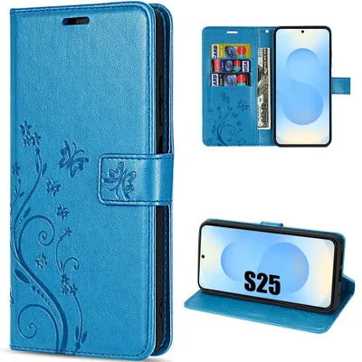 Image de Coque pour Samsung Galaxy S25, Protection Rabat Anti-Rayures Antichoc Synthécuir Motif Papillon Fleur Bleu