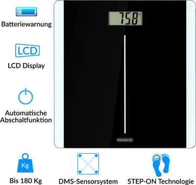 Produktbild von MONZANA® Digital Personenwaage mit DMS-Sensorsystem Körperwaage Waage Körperwaage LCD Display Step-On-Technologie schwarz