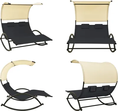 Image de vidaXL Chaise longue double avec toit solaire Textilène noir et crème - Chaise longue - Bain de soleil - Chaise longue de jardin